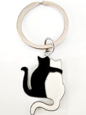 Black White Cat Keychain Yin Yang Kitty Hug Love Enamel Charm Pet Lover Gift